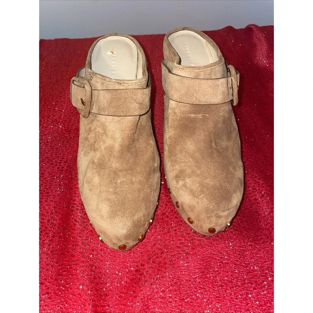Veronica Beard Dacey Buckle Suede Clogs size 11M USA women Tan Pecan Wood Metals